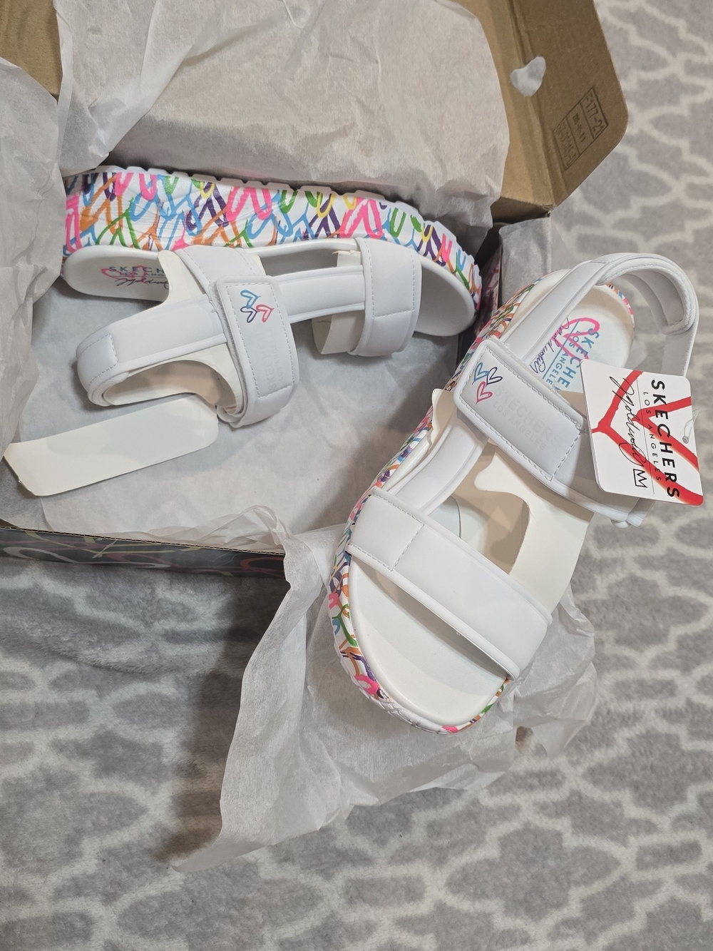 Skechers White Platform Sandals with Colorful Graffiti Trim